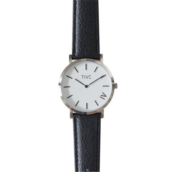 Silver Vegan Watch and Black Stitched Vegan Leather Band - Time IV Change